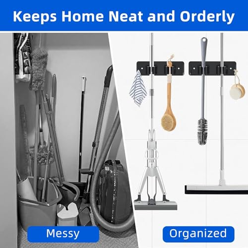 Image of Enclave Stainless Steel Mop and Broom Holder Wall Mounted Adhesive Storage Solutions for Broom mop etc, Garage Storage Systems Broom Organizer. (2 RACK 1 HOOK /BLACK, PACK OF 6)