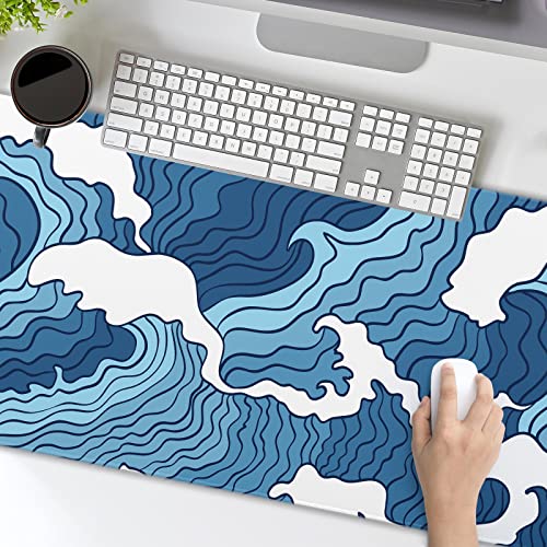 Image of Japanese Blue and White Wave Gaming Mouse Pad XL Anime Sea Texture Extended Large Desk Mat Big Mousepad Non-Slip Rubber Base Stitched Edge Long Desk Pad for Desktop PC Computer Gamer,31.5x11.8 Inch