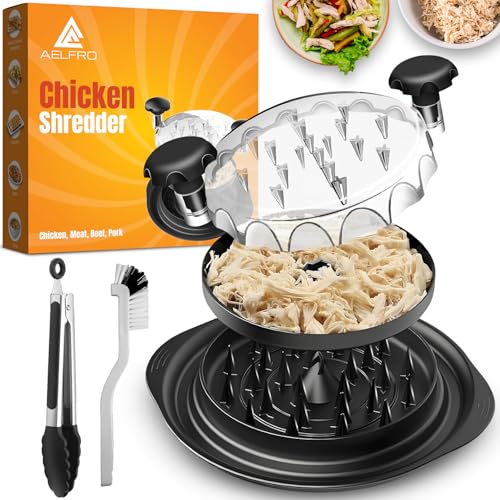 4-in-1 Chicken Shredder Tool Twist with Detachable Plate - Kitchen Large Chicken Breast Grinder with Brush & Tong - Manual Meat Shredding Set with Ergonomic Handle, Anti-slip Base & Dishwasher Safe