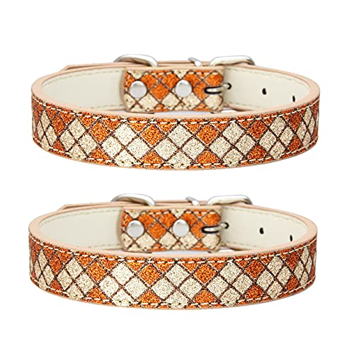 ペット首輪 犬首輪 犬の首輪 キラキラ 犬のリード首輪 耐久性 頑丈 調節可能 可愛い 革 おしゃれ 子犬用 ペット猫の首輪 散歩用 犬用ベーシック首輪 手作り カラー S サイズ ゴールデン 2セット