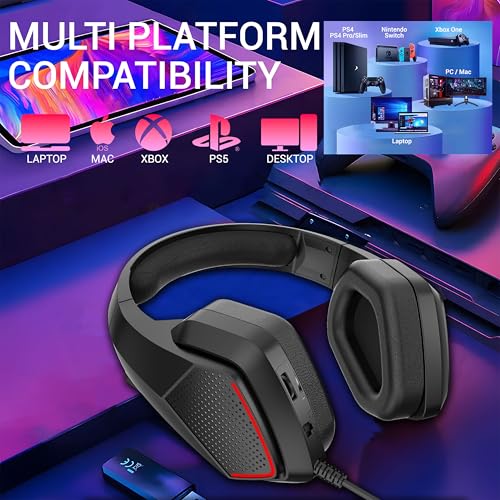 Image of Ant Esports H590 7.1 Surround Sound Gaming Headset, USB Wired Over-Ear Headphones with 50mm Drivers, Noise Cancelling Mic, Red LED, Soft Earmuffs, for PC, PS5, Xbox, Laptop