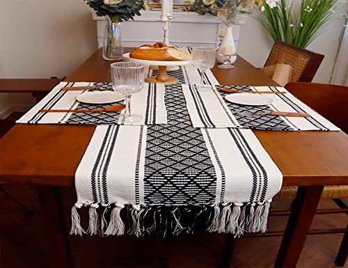Image of ALSTONIA Cotton Table Runner -Pack of 7 The Style of Our Table Linen and Dining Rooms and Eating Areas (Black, 1 PCS Runner 6 PCS PLACMENT)