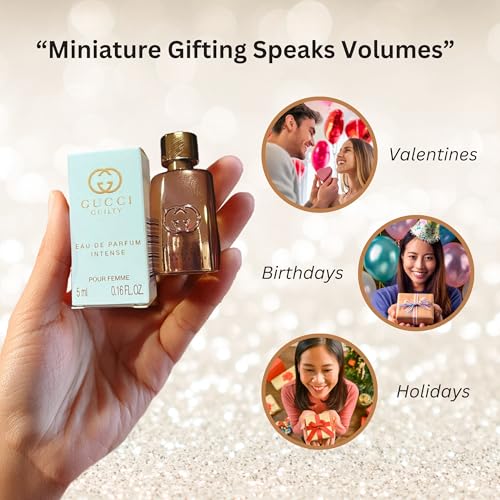 Image of Gucci Guilty Perfume For Women Eau De Parfum Intense Mini Perfume Splash 0.16 Fl Oz | 0.16 fl oz EDP mini splash dabber bottle. Travel size designer fragrance for purse, gifting, sampling, or collection.