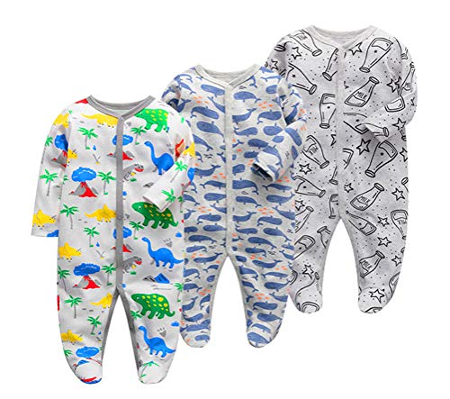 Monvecle 3pcs Newborn Infant Footie Baby Cotton Bodysuit Pajamas Jumpsuit White Print 6M