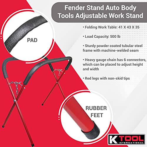 K Tool International 79750 Automotive Fender Stand For Garages, Repair Shops, And Diy, 41" X 43" X 35", 500 Lbs. Capacity, Adjustable, Padded, Powder-Coated Tubular Steel, Rubber Feet, Red/Black #TOP2
