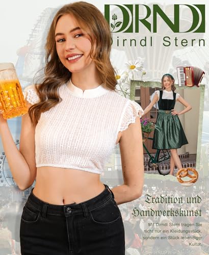 DIRNDLSTERN Bluse Damen Weiß - Dirndlbluse Spitze Dirndlblusen Hochgeschlossen Flügelärmel Trachtenblusen Vertikale Streifen Elegant 38