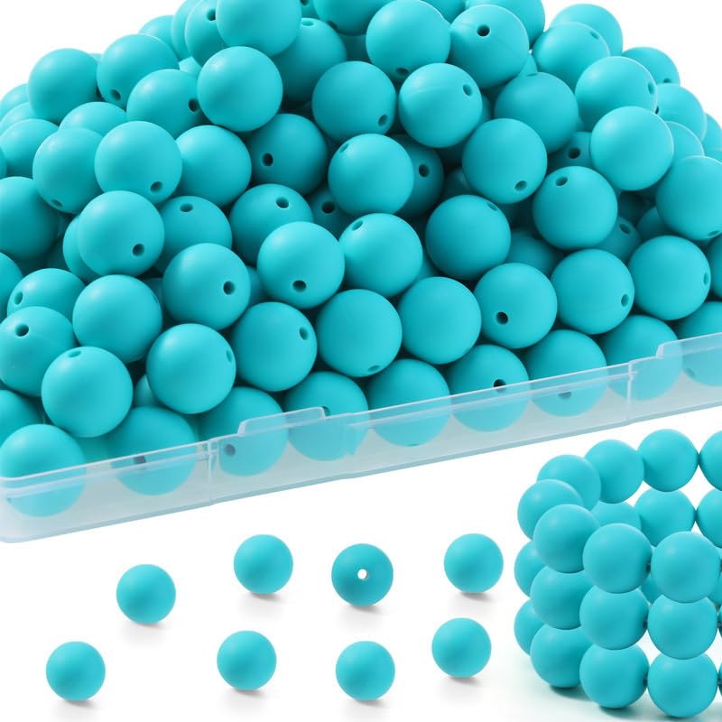 100pcs Silicone Beads - 15mm, Turquoise, Round, Bulk for Keychains, Pens, Bracelets & Crafts with Elastic Strings