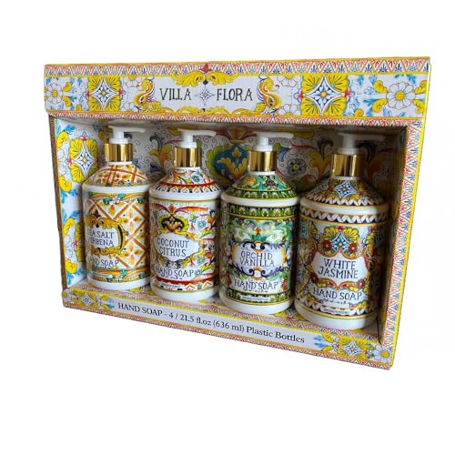 Home and Body Company Hand Soap, Villa Flora Collection – 16 fl oz Bottles, Assorted Scents (Sea Salt Verbena, Coconut Citrus, Orchid Vanilla, White Jasmine), Pack of 4 – Gift-Ready Set