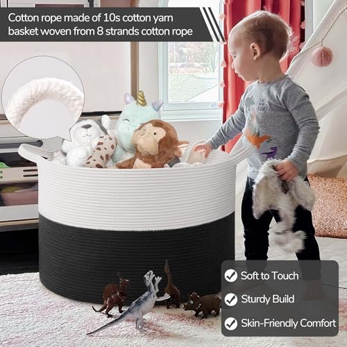 Image of INDRESSME 115L Extra Large Cotton Rope Blanket Basket, Woven Storage for Living Room Toy Baskets Kids Baby Laundry Hamper for Dirty Clothes, Pillows, White & Black