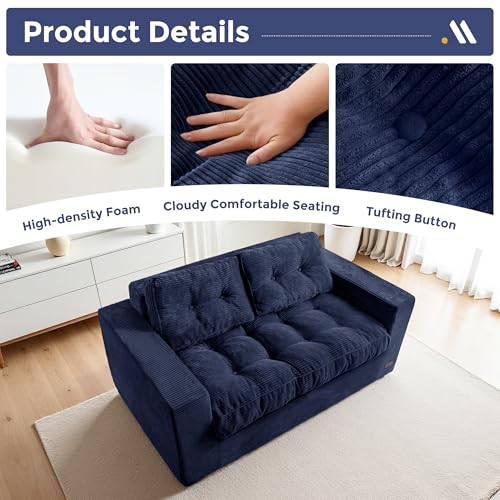 Image of MAXYOYO Loveseat Sofa Couch, Upholstered Bean Bag Chair Cloud Seat for Adults, Boneless Couch with Cushion & Pillows, Sofa in A Box, No Assembly Required, Corded Navy, 2-Seat