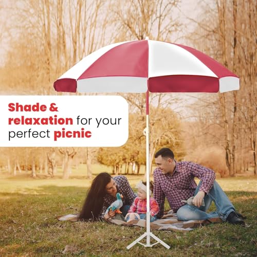 Image of ORILEY Garden Umbrella with Stand Foldable Big Size (7ft Height 42 Inch Rib Arm) Heavy Duty Waterproof Rain & UV Sun Protection Outdoor Patio for Balcony Shedding Cantilever & Lawn (Red & White)