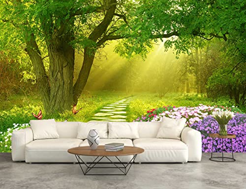 Living room with a cream sofa in front of a large woodland path and flowering garden wall mural
