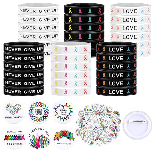 72 Pcs Cancer Awareness Accessories: 36 Ribbon Silicone Wristband Bracelets and 36 Button Badges Pins for All Cancer Support, Gift, Backpack Decoration