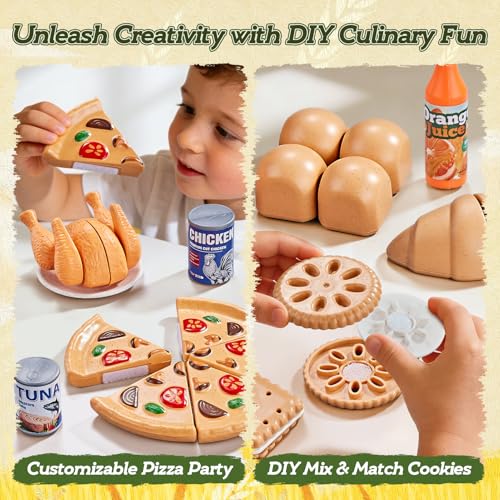 Image of 86Pc Wheat Straw Play Food for Kids Kitchen-Toy Food with 2 Baskets & Picnic Blanket, Realistic Cutting Pizza, Grocery Cans, Pretend Play Kitchen Accessories & Toddler Toys for Boys Girls 3+