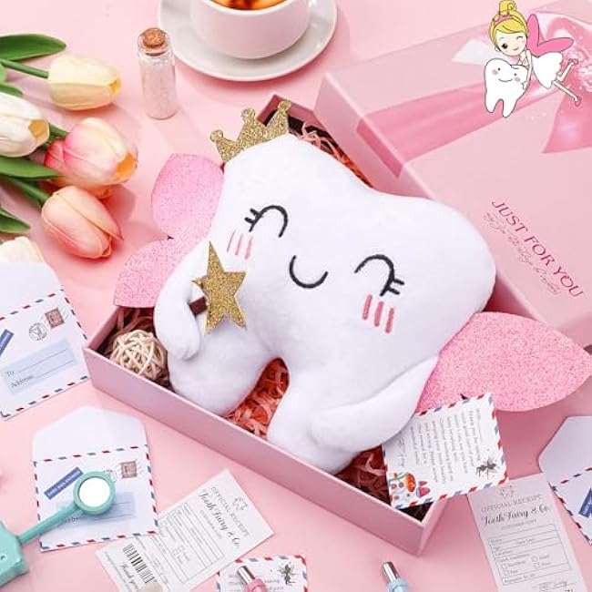Tooth Fairy Pillow Kit Includes Toothfairy Pillow with Pocket Fairy Glitter Receipt Envelope Card, Toothfairy Plush Keepsake Gift for Kids Boys Girls Souvenir (Cute Style)