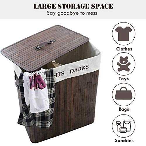 Double Deep Laundry Basket Cloth Storage Bag Rectangle Bamboo Hamper (Deep Brown)