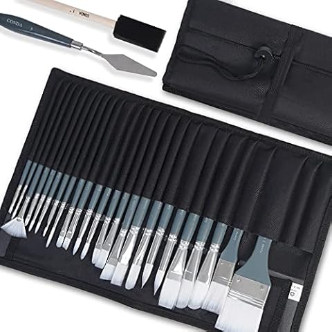 Conda 27 Pcs Artist Paint Brush Set , Include 24 Different Shape Brushes, Mixing Knife, 1” Foam Brush with Canvas Roll for Acrylic, Watercolor, Gouache, Oil, Paint by Number Cover