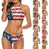 Custom Face Two Piece Halter Bikini Sets for Women - Personalized American Flag Pattern Padded Push Up Bathing Suits Sexy Low Waist Swimsuits for Beach Surf Swim - Gifts for Mom Wife Girlfriend