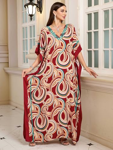 Image of KECVOT Kaftan Dresses for Women V-Neck Print Swimsuit Cover Up Plus Size Beach Caftan Lounge Dress