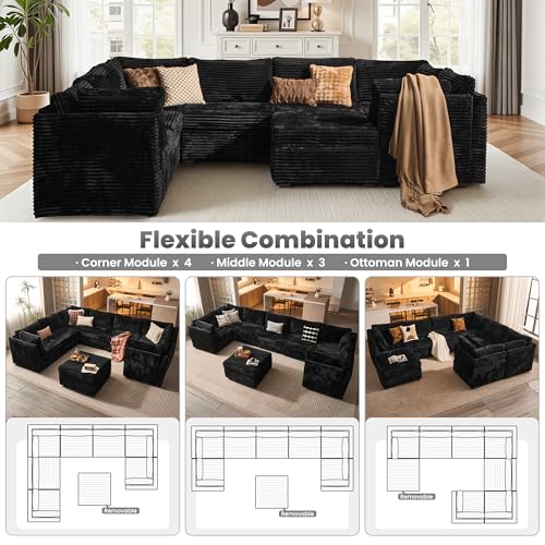 Image of ovios Modular Sectional Sofa Couch with Sofa Bed L-Shape Chaise, Comfy Plush Corduroy Cloud Couches, Modern Luxury Deep Seat Sofas Set for Living Room, 8-Seater, Black