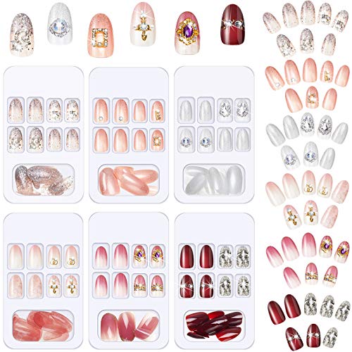 144 Pieces 6 Boxes Short Oval Press on False Nails with Rhinestone Glossy Artificial Nails Full Cover Fake Nails Short Press on Nail Tips for DIY Nail Art Decorations (Chic Patterns)