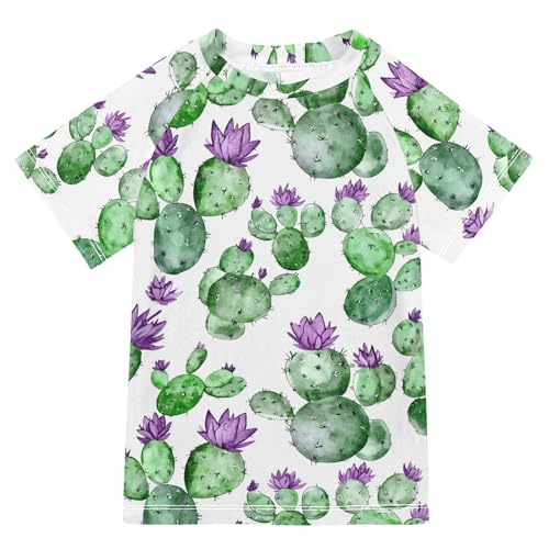 Wudan Watercolor Cactuses Purple Flower Boy Bathing Suit UV Protection Rash Guard Swimsuit Swimwears Football Sports Shirt for Little Boy 11-12Y