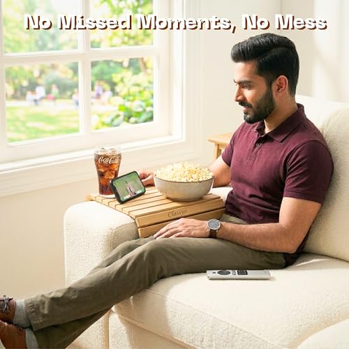 Image of Classyo Sofa Armrest Tray, Sofa Arm Tray - Dining Table Mats Flexible & Foldable - Suitable for Food, Drinks, Snacks, Cup- Pine Wood (11 in x 17 in)