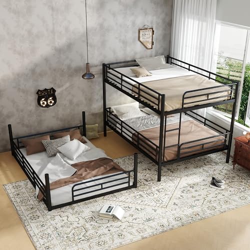 Image of Full Over Full Over Full Bunk Bed with Safety Guardrails, Modern Metal Triple Bed Frame for Kids, No Box Spring Required, Black