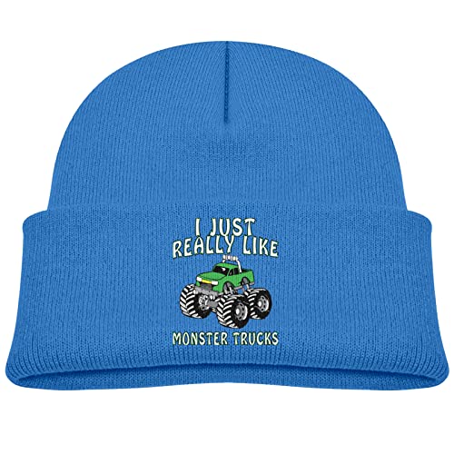 DARLEKS I Just Really Like Monster Trucks Kids Hat Knitted Beanie Skull Warm Winter Unisex for Baby Cuffed Beanie Cap Blue