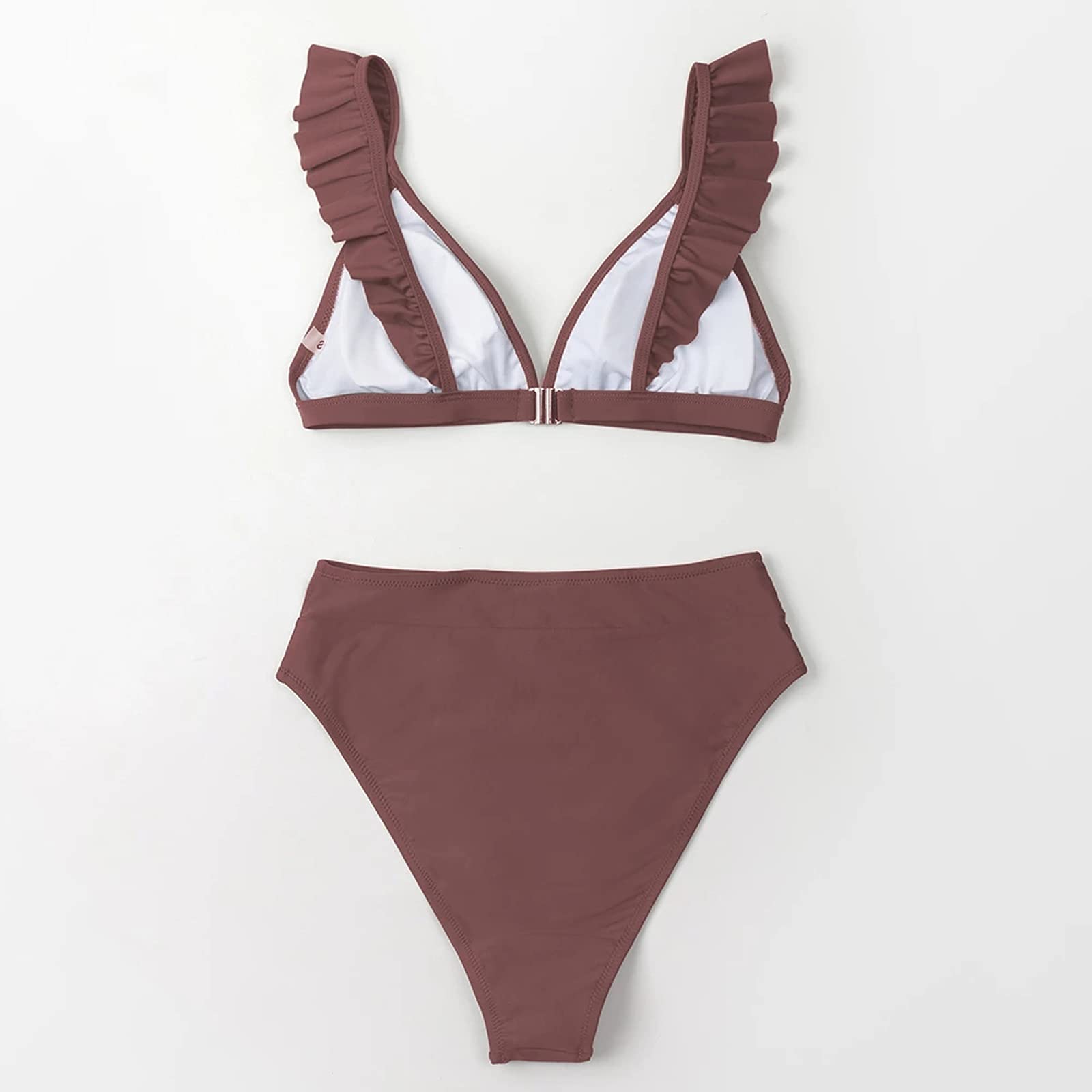 Dwuczęściowy strój kąpielowy V-neck Potargane zestawy Bikini z wysokim stanem Strój kąpielowy Kobiety Seksowny solidny brązowy Dwuczęściowy strój kąpielowy Nowe plażowe kostiumy kąpielowe Bikini Set (A XXL)