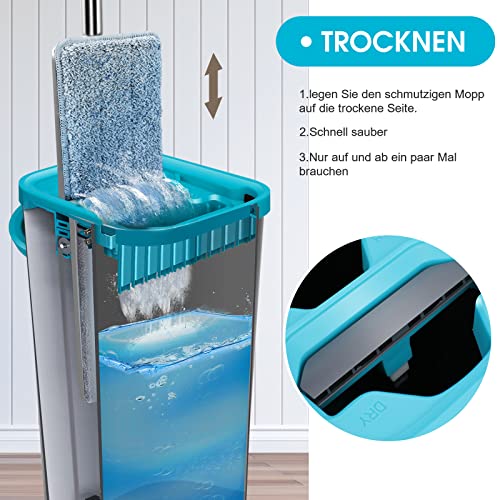 MASTERTOP Bodenwischer Set, Wischmopp Set mit Eimer, Mikrofaser Flachmopp mit 6 Wischpads, 2 in 1 Putzeimer Set Wischer mit Auswringfunktion für Hartholz Fliesen Laminat Marmor, Grau+Blau – Bild 5
