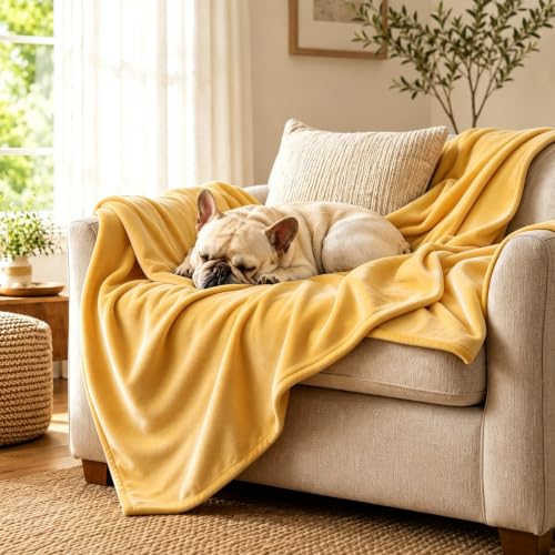 Image of LOOBANI Waterproof Pet Blanket for Couch, Throw Size 50 inchx60 inch, Yellow | Double-Side Flannel Reversible, Liquid Pee Proof Stain-Proof for Furniture Protection, Ideal for Medium Large Dogs Bed Crate