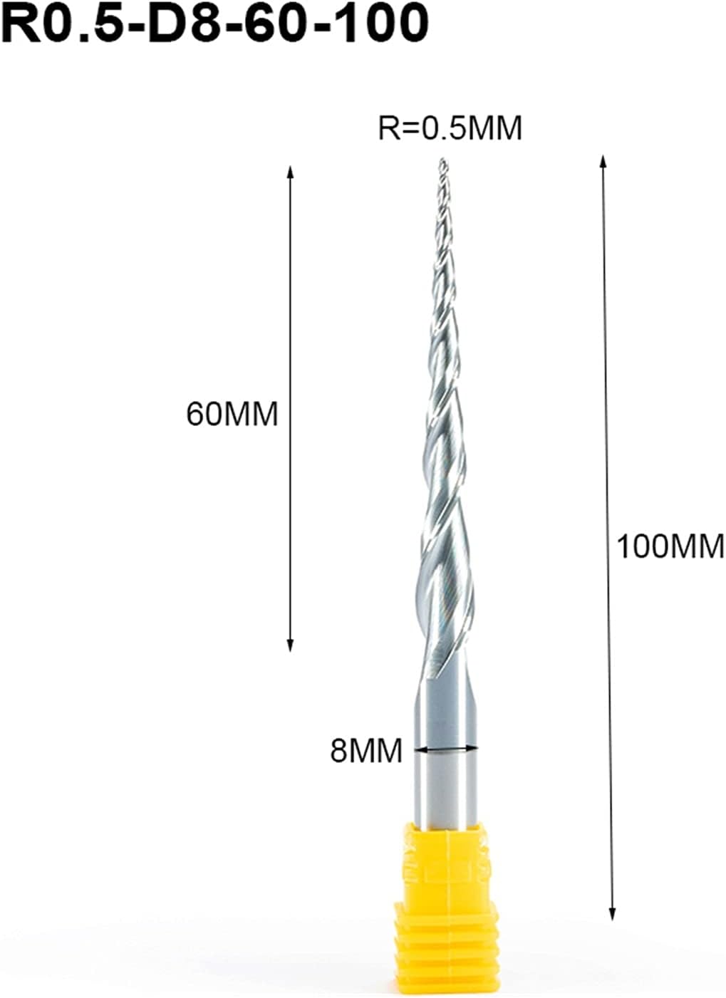 Hardware Milling Cutter 4pc HRC55 R0.5-R2.0xD8x60x100mm Tapered Ball End Mill With Tungsten Carbide Coating Tapered Cone Cnc Wood Milling Cutter (Dimensions : R1.5XD8X60X100mm)