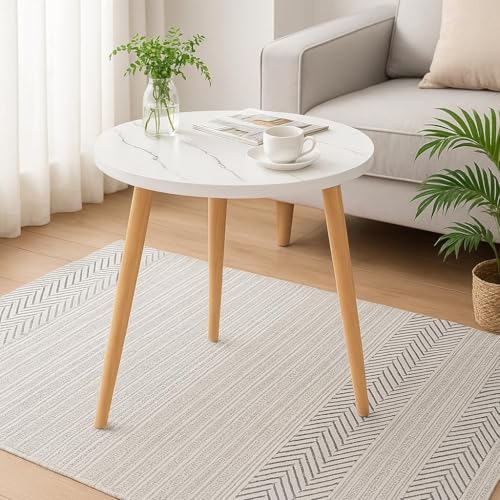 Image of BROWN ART SHOPPEE Coffee Table Faux Marble Design Table Side Table, Round Solid Wood End Table Coffee Table Flower Stand Sofa Side For Living Room Balcony Furniture Decor Corner table-15x15x18 (White)