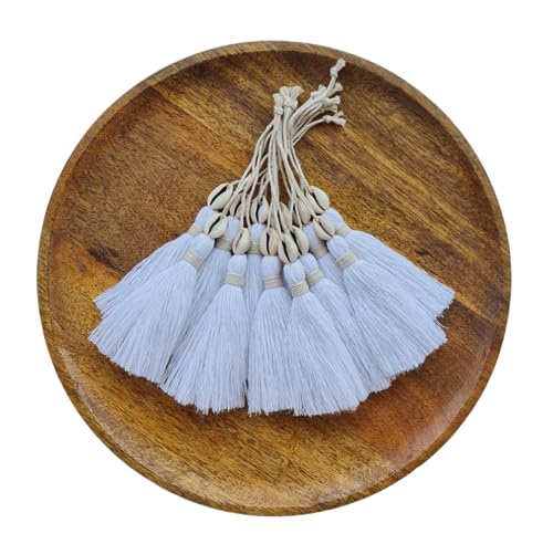 Image of Zippy Flora Handmade Cotton Tassels with Cowrie Shells for DIY & Crafts Project, Pack of 10 (White)