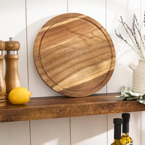 OHS Acacia Wood Chopping Boards for Kitchen Wooden Cutting Board Round Platter Board Chopping Meat Vegetables Bread & Food Prep Serving Crackers Cheese Pizza, Natural
