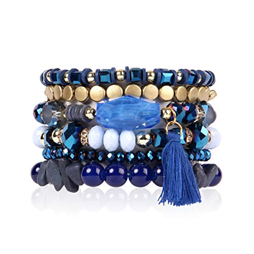 RIAH FASHION Coin Bead Multi Layer Versatile Statement Bracelets - Stackable Beaded Strand Stretch Bangles Sparkly Crystal, Tassel Charm (Navy)