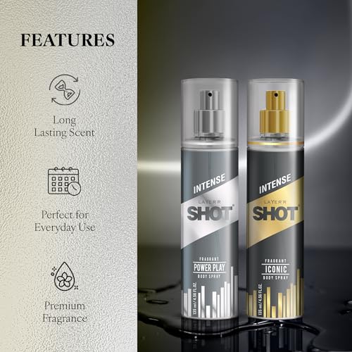 Image of Layer'r Shot Combo Gold Iconic & Power Play Body Spray for Men, 2x135ml | Long-Lasting Premium Deodorant | Fresh Ozonic & Spicy Woody Scents | Everyday Wear | IFRA Certified