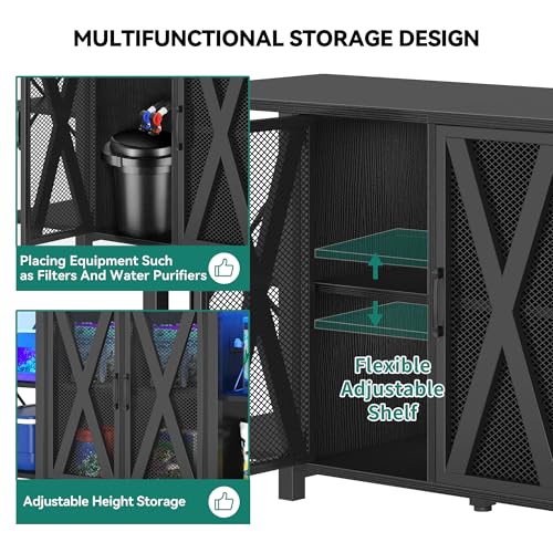 Image of YITAHOME 90-120 Gallon Reptile Tank Stand with Power Outlet & LED Light, Heavy Duty Aquarium Stand w Accessories Storage Cabinet - Metal Fish Tank Stand for Turtle, Reptile, 2000LBS Capacity, Black