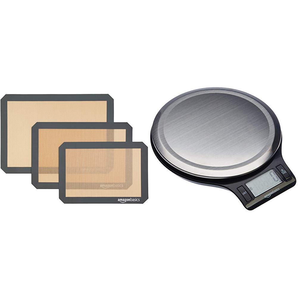 Amazon Basics Silicone Baking Mat - 3-Piece Set & Stainless Steel, BPA Free, Digital Kitchen Scale with LCD Display (Batteries Included)