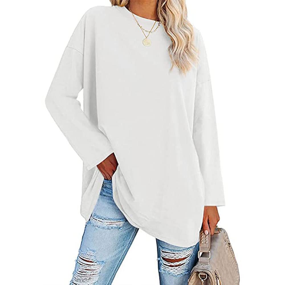 Famulily Damen Basic Rundhalsausschnitt Langarm Baumwolle T-Shirts Einfarbige Bequeme lose Tunika T-Shirts Tops