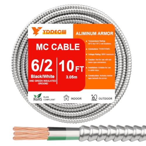 Image of 10FT 6 /2 Metal Clad (MC) Cable with Ground, 6 Gauge Electric Wire with Aluminum Armor, Solid Bare Copper Conductors for Indoor Outdoor Underground Embedded Installation (6 /2, 10 ft)