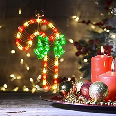 JUSTPRO Christmas Window Silhouette Lights, Lighted Candy Cane Double Sided Decorations with 50 Count Incandescent Mini Light, for Holiday Indoor Wall Door Glass Decor
