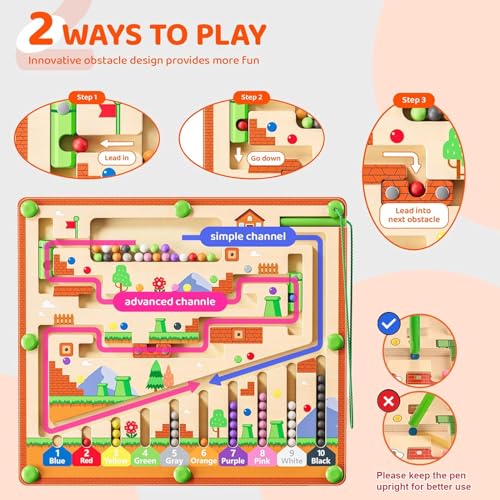 zhiwuzhu Magnetic Color and Number Maze for Montessori Toys,Wooden Matching Learning Counting Board for Toddler Ages 2-4,Toddler Fine Motor Skills Toys for Boys Girls
