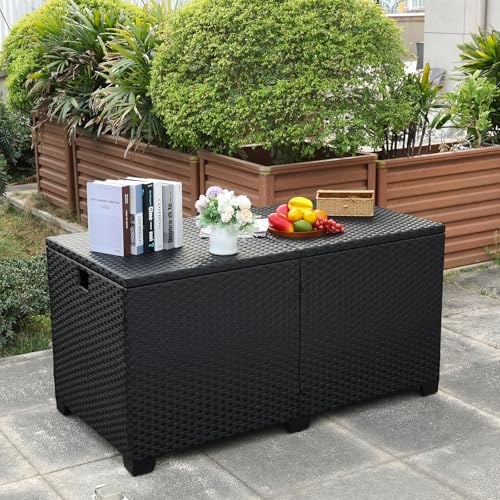 Rattaner 180 Gallon Outdoor Storage Box Large Patio Storage Bin with Waterproof Lining Bag Deck Storage Box and Cushion Storage Bin Outdoor, Black Wicker