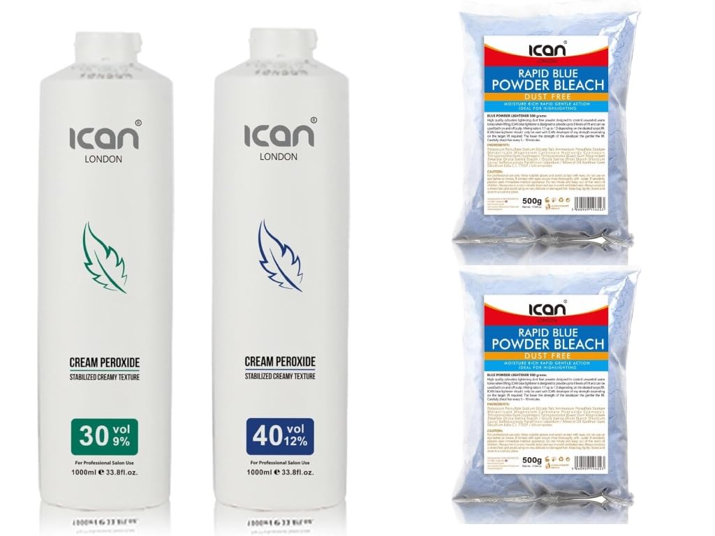 ICAN LONDON Kit décolorant 1000 ml Peroxyde 40 Vol + 30 Vol, 1 kg Bleu Poudre de Javel