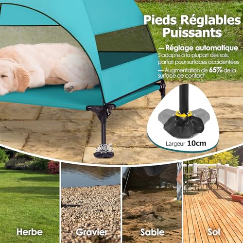 Erhöhtes Hundebett mit Vorzelt, Liege für den Außenbereich, erhöht, mit rutschfesten Füßen, tragbar, mit Schatten auf 3 Seiten, Hundesofa für Camping, Garten, Strand, Pool