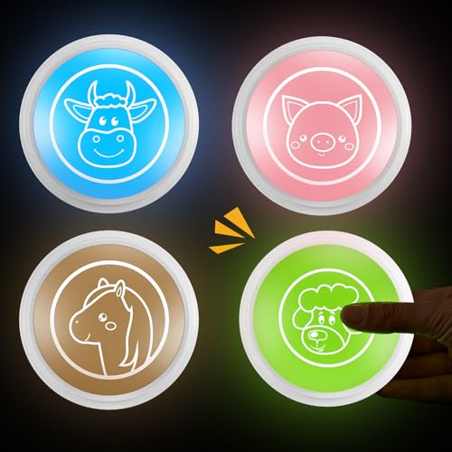 Honoson 4 Pcs Recordable Light up Buzzers for Trivia Games Answer Buzzers for Classroom Sound Buttons Family Game and Nights Back to School Supplies (Farm Style,Bright Color)