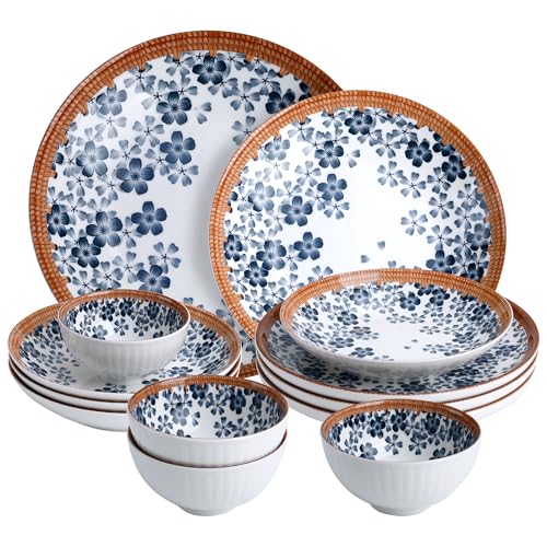 ArtClayz 12-Piece Cherry Blossom Dinnerware Set Japanese Sakura Porcelain Plates & Bowls Service for 4 Microwave and Dishwasher Safe