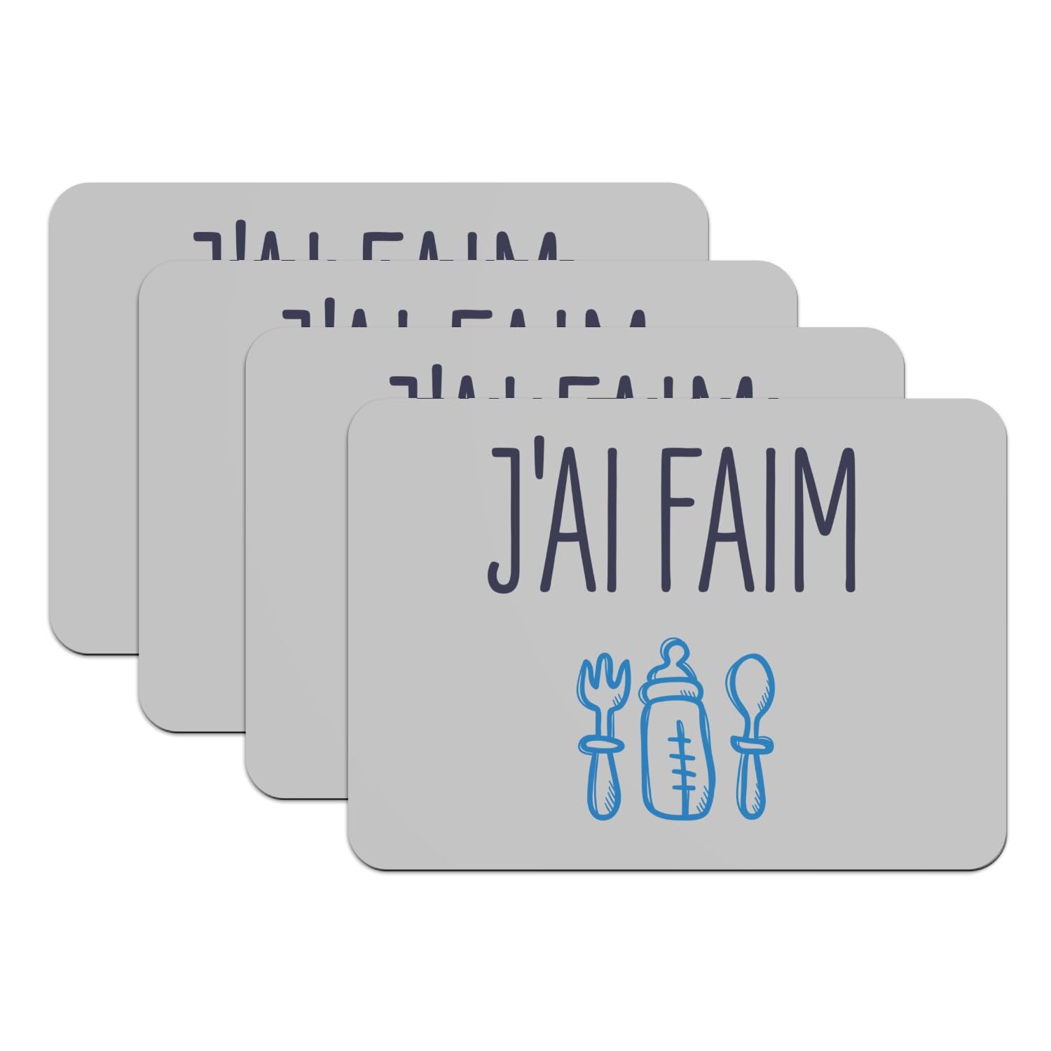 Lot de 4 sets de table gris J'Ai Faim en caoutchouc grand format pour bébé